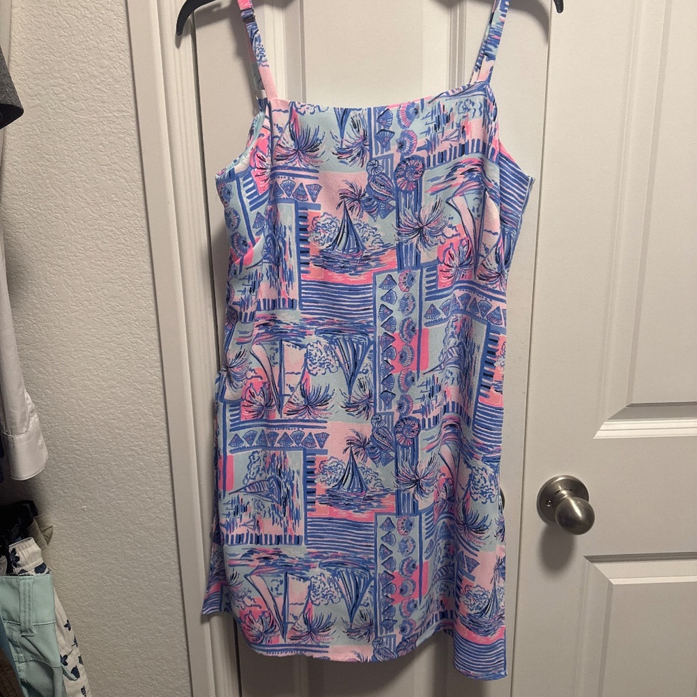 Lilly Pulitzer Yeah Buoy Pink and Blue Tropical Print Sundress
